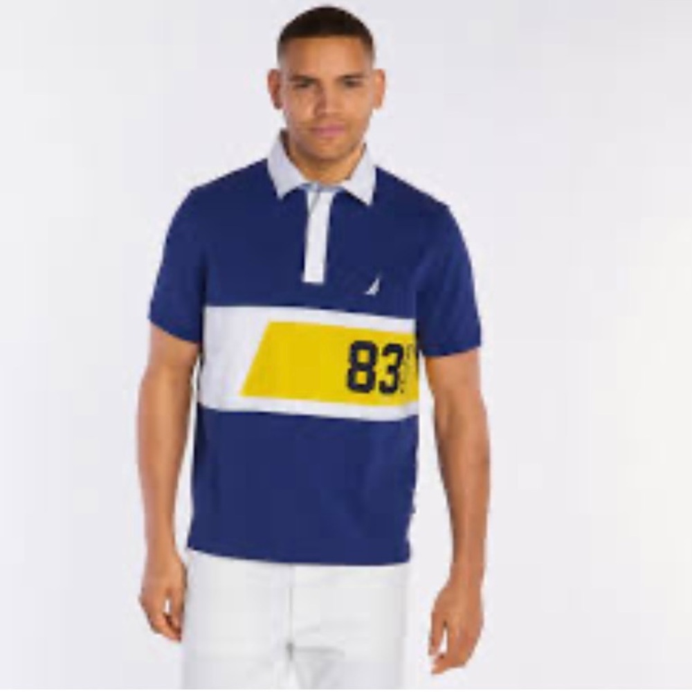 Nautica Men’s Multicolor Polo Rugby Shirt - Sz L 100% Cotton blue white yellow